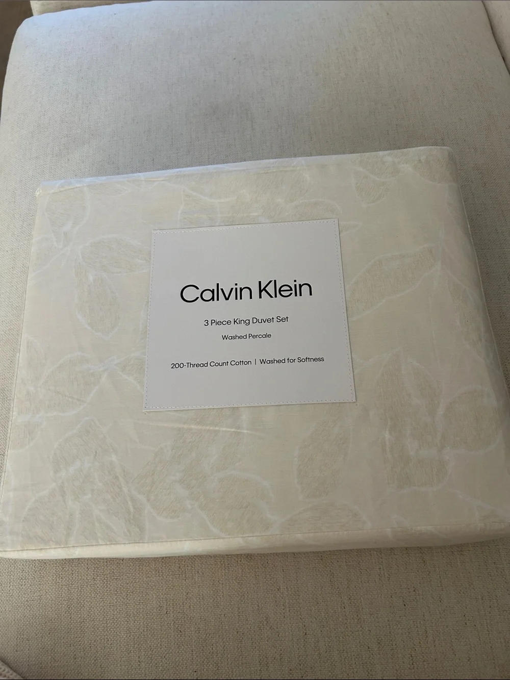 Calvin Klein King Duvet Cover Set, 3 Piece Bed Set  (Yellow Leaves), Beige, NWT